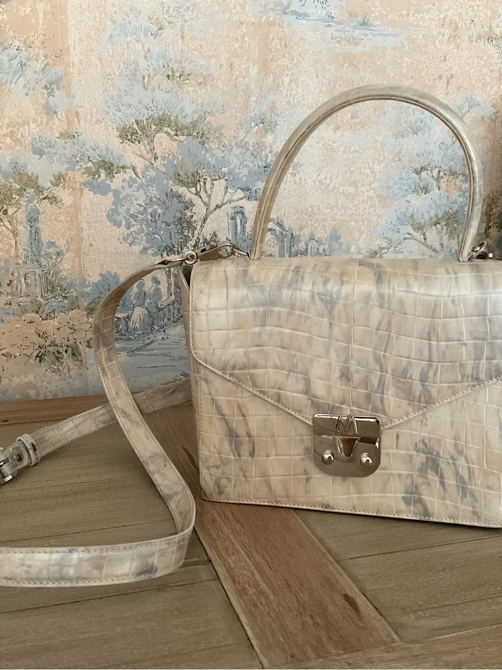 Escada Cream Marbled Croc-Embossed Satchel with Silver Hardware